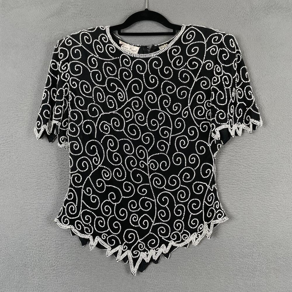 Laurence Kazar Blouse Womens L Black Round Neck Short Sleeve Beaded Silk Vintage